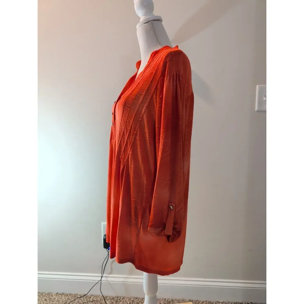 New Directions Woman 1X Orange Embossed Tunic – Long Sleeve, V-Neck, Plus Size - Picture 8 of 8